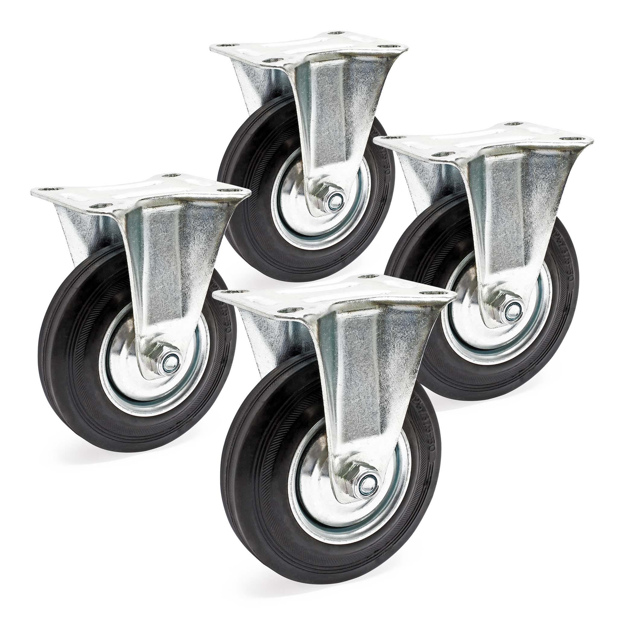 Set De 4 Ruedas Para Muebles: 2 Fijas Y 2 Giratorias 3.00-4 - Carga 120 Kg, Goma Y Acero, Color Negro-plateado