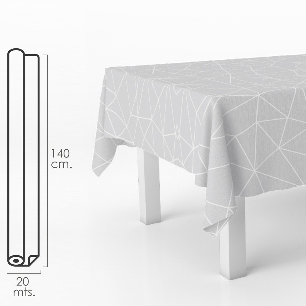 Mantel hule rectangular geometrico gris. impermeable antimanchas pvc 140 cm. x 20 metros. rollo recortable. interior y exterior