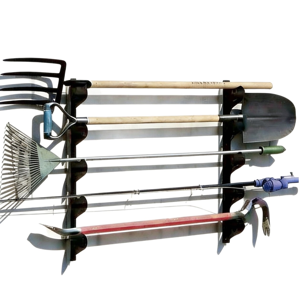 Organisateur d'outils de garage horizontal en acier robuste, support mural pour outils de jardin, pelles, râteaux, balais, capacité 100 lb - 4