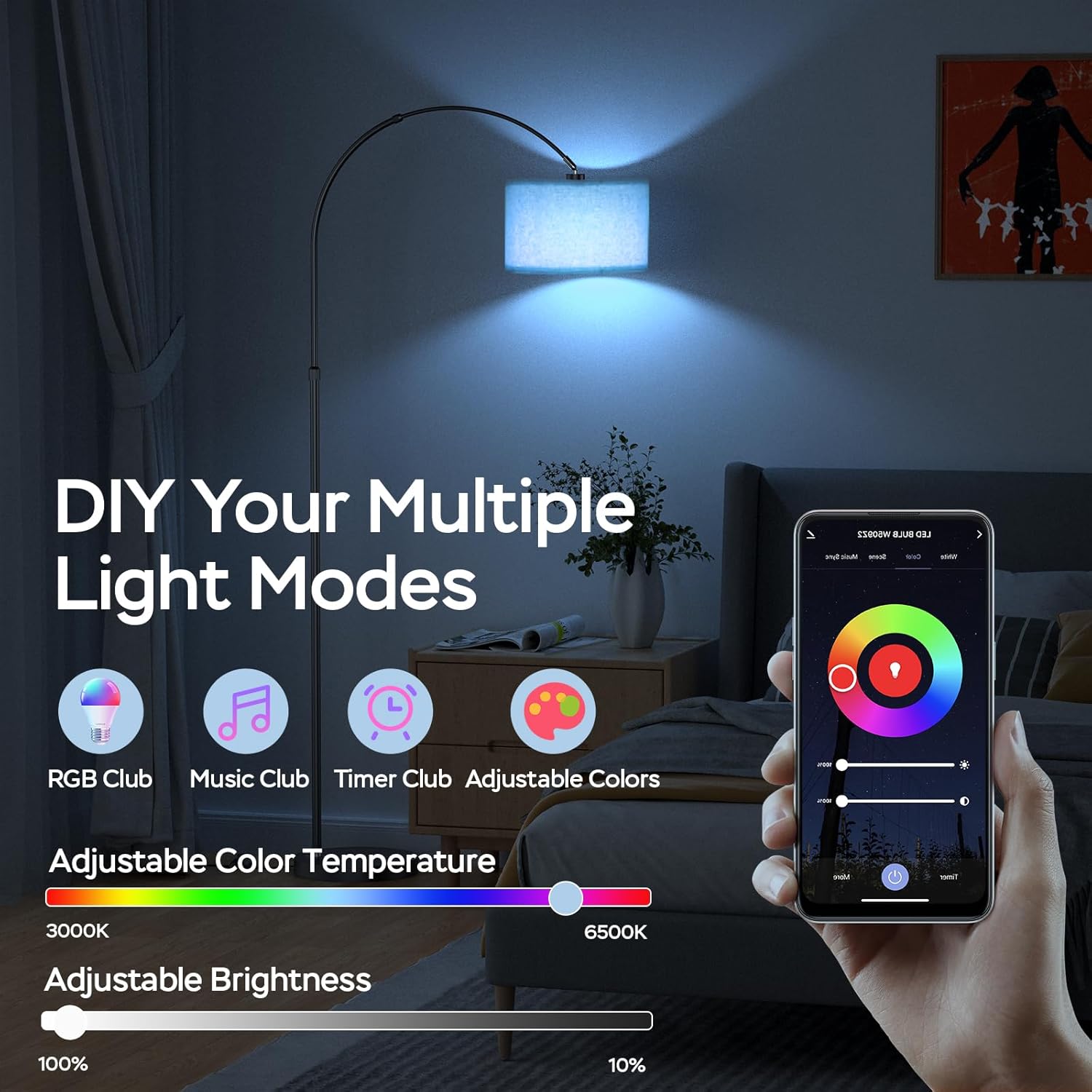 Lampadaire Design Moderne, Smart WiFi, RGB Dimmable, Télécommande & Voix, Changement de Couleur, Lampe Arc Élégante E27 9W pour Salon - 5