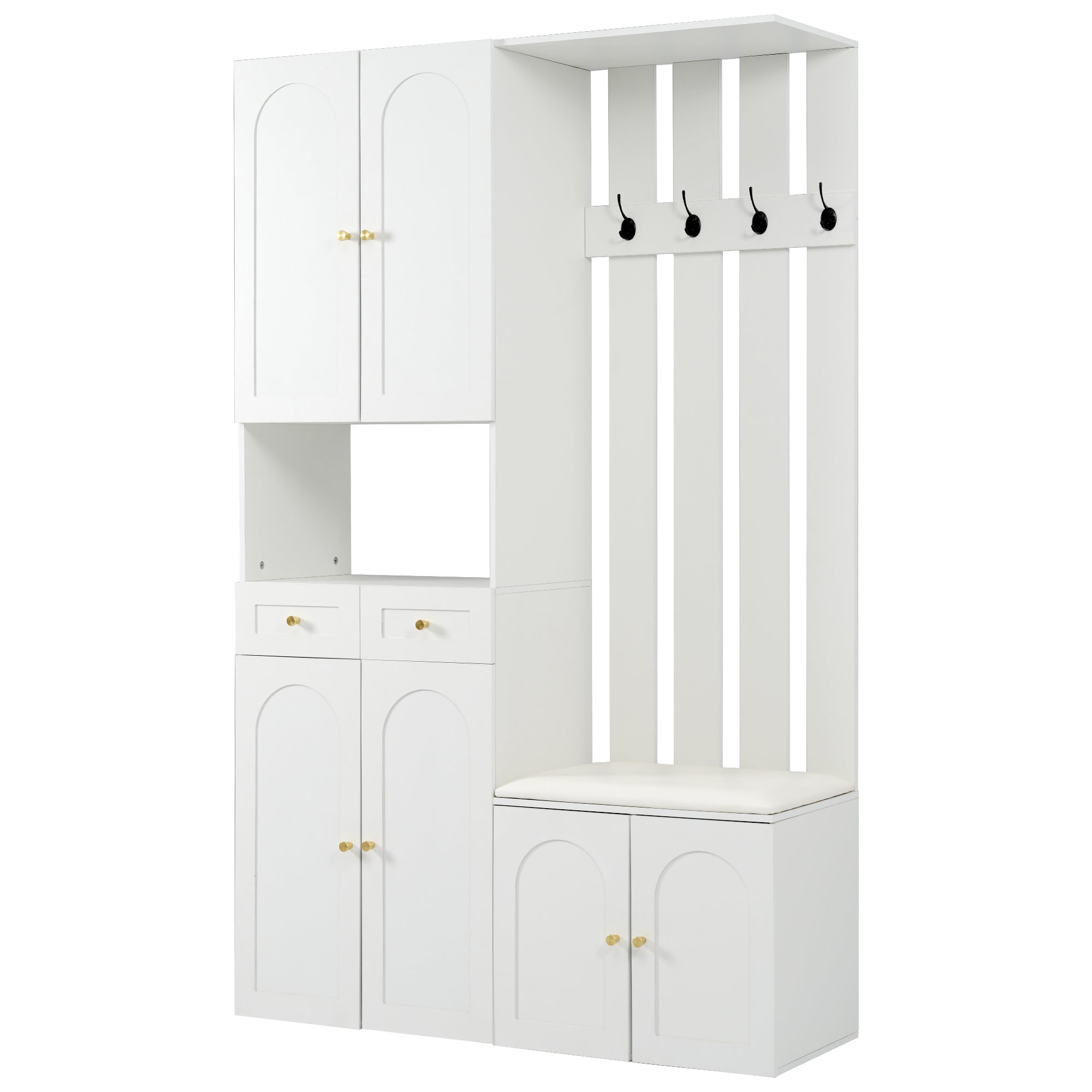 Vestiaire d'entree&nbsp;110×37×180 cm, ensemble d'armoire avec banc à chaussures, 4 crochets, 6 portes et 2 tiroirs, blanc - 9
