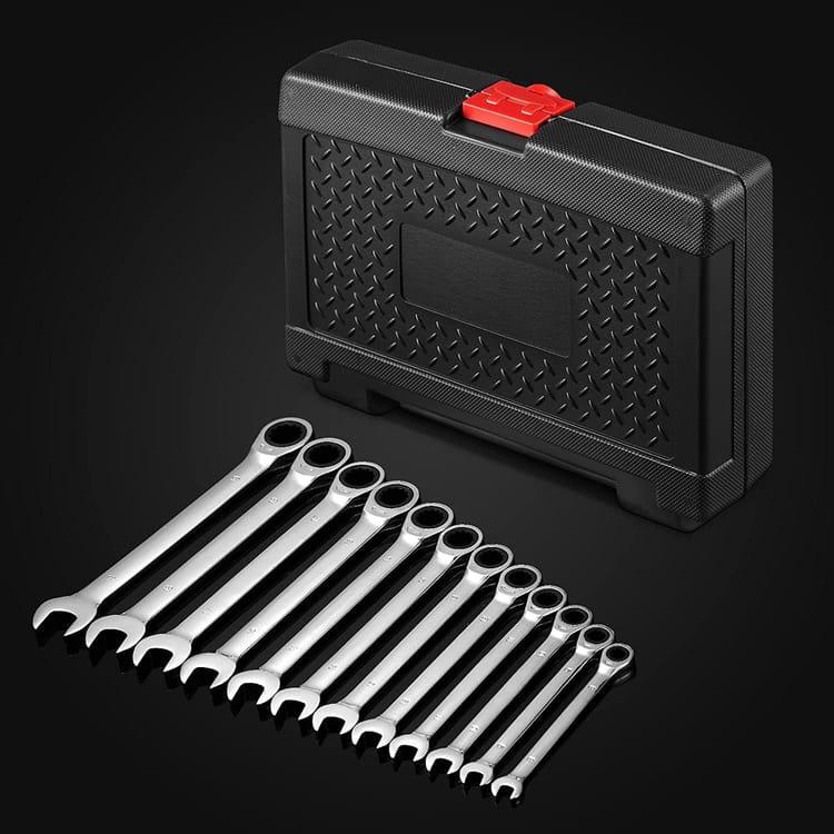 12 Pcs Jeu de Clé Mixte à Cliquet, Clé Plate à Cliquet, Clés Mixtes 8-19 mm avec Boîte à Outils, Clé à Cliquet en Chrome Vanadium, 72 Dents - 4