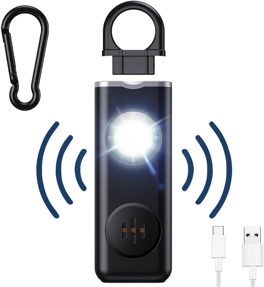 Alarm osobisty, kieszonkowy alarm 130 dB z diodą LED, alarm antynapadowy, brelok do kluczy, alarm samoobrony, czarny
