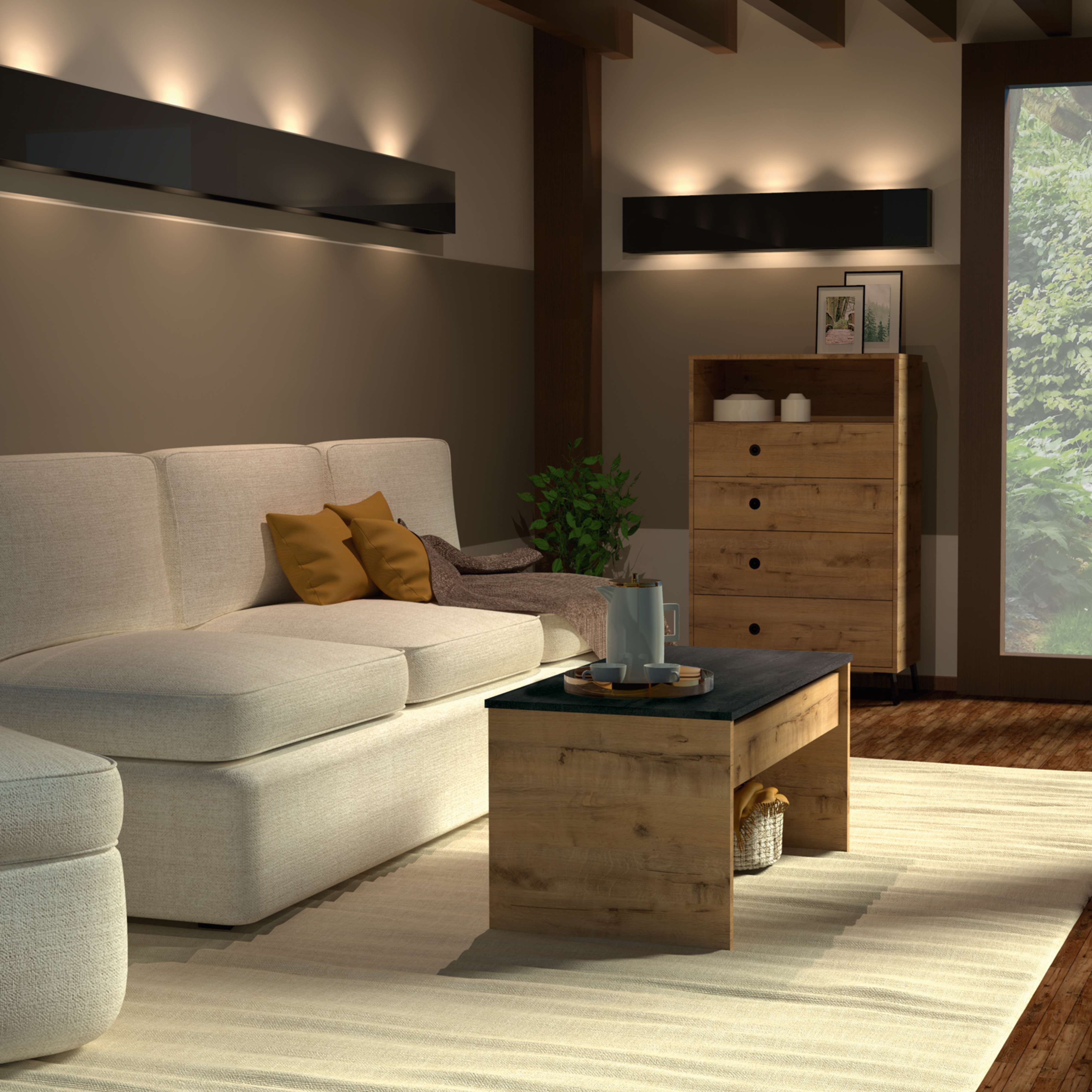 Table basse relevable en chêne et marbre pour salon, salle à manger, style moderne, rangement, 47-58 x 100 x 50 cm - 4