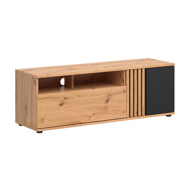 Meuble TV 1 porte 1 tiroir 155 cm avec LED Storm Bois et Noir