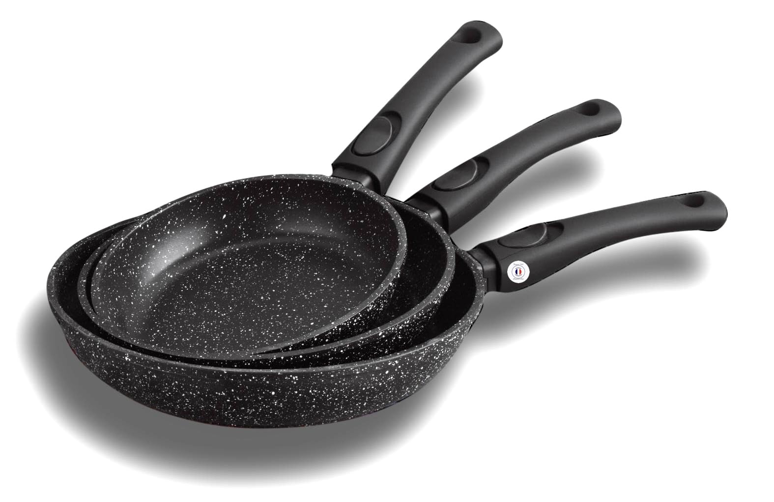 BAKAJI Set 3 Padelle Primolla Antiaderenti Effetto Pietra – Ø 20-24-28 Cm, Made In Italy, Manico Cool Touch
