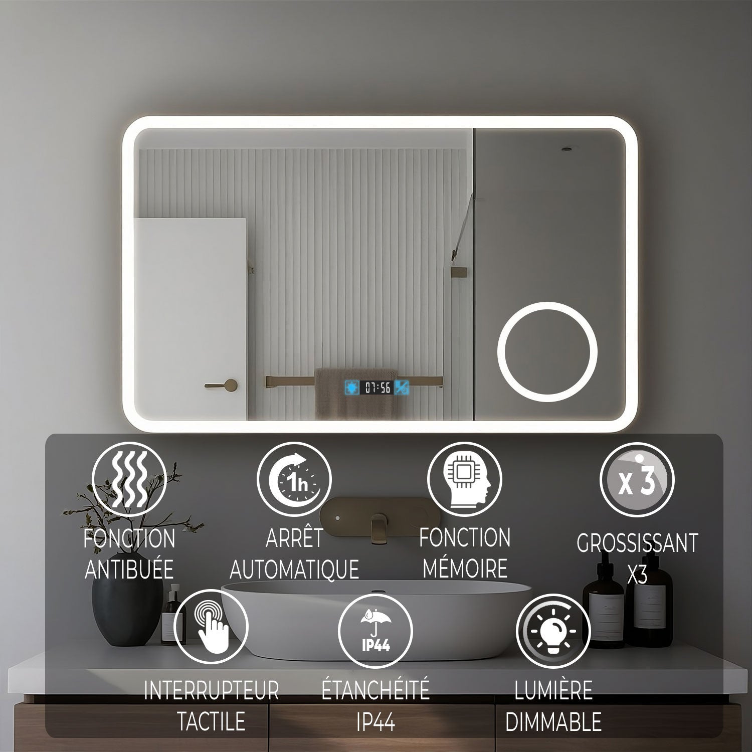 Miroir de salle de bain 140x80cm avec horloge digitale et éclairage LED à couleur réglable (2700K/4600K/6500K) - 3