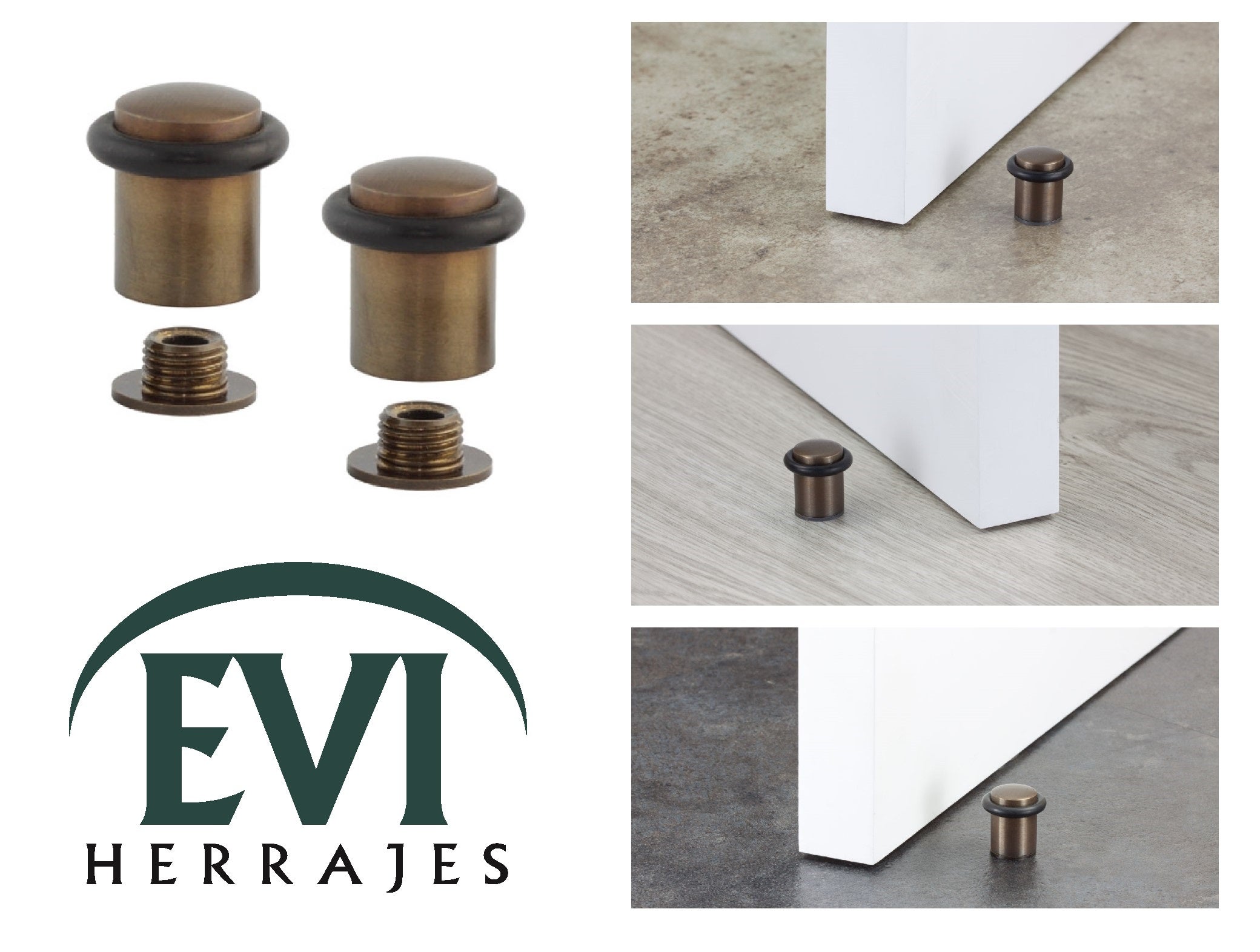 Lot de 4 Butoirs de porte 20 x 30 mm pour sol, laiton rustique avec caoutchouc de protection, montage à vis, EVI Herrajes - 7