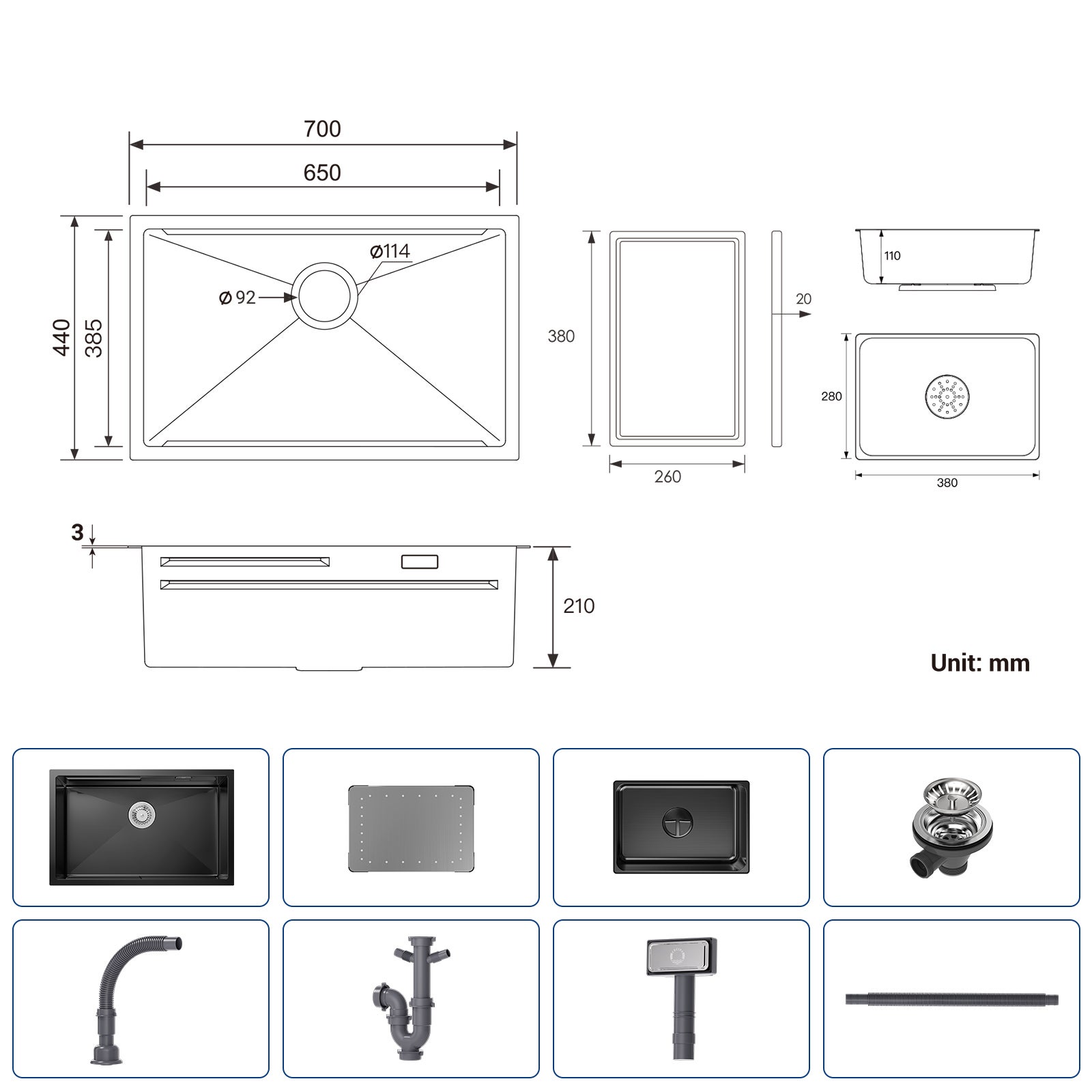 Cecipa max Évier Cuisine 1 Bac 70×44×21CM Évier à Encastrer Noir avec Egouttoir et Vasque,EU Modèle - 5