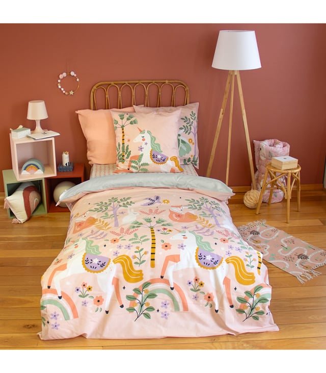 Parure de lit enfant Licorne – 140x200 cm + 1 taie – Coton 57 fils/cm² - 140x200cm - Rose