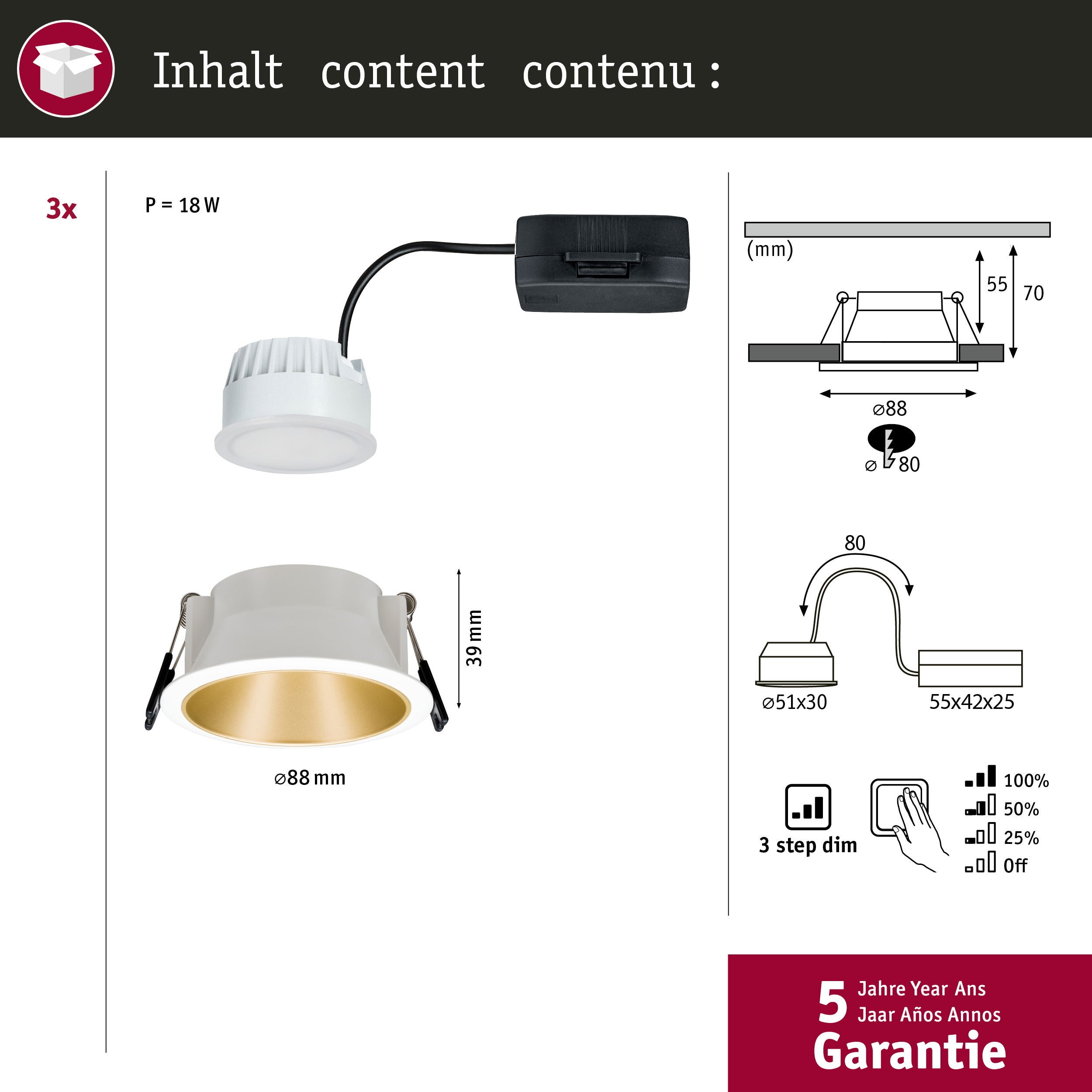 Spot encastré LED 3-Step-Dim Cole Coin Kit de 3 IP44 rond 88mm Coin 3x6W 3x460lm 230V gradable 2700K Blanc#Doré mat - 3