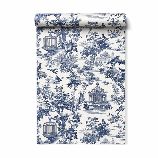 Papel pintado autoadhesivo de estilo campestre francés con estampado de jaula de pájaros azul y blanco, 45 cm × 300 cm, para decoración de interiores.