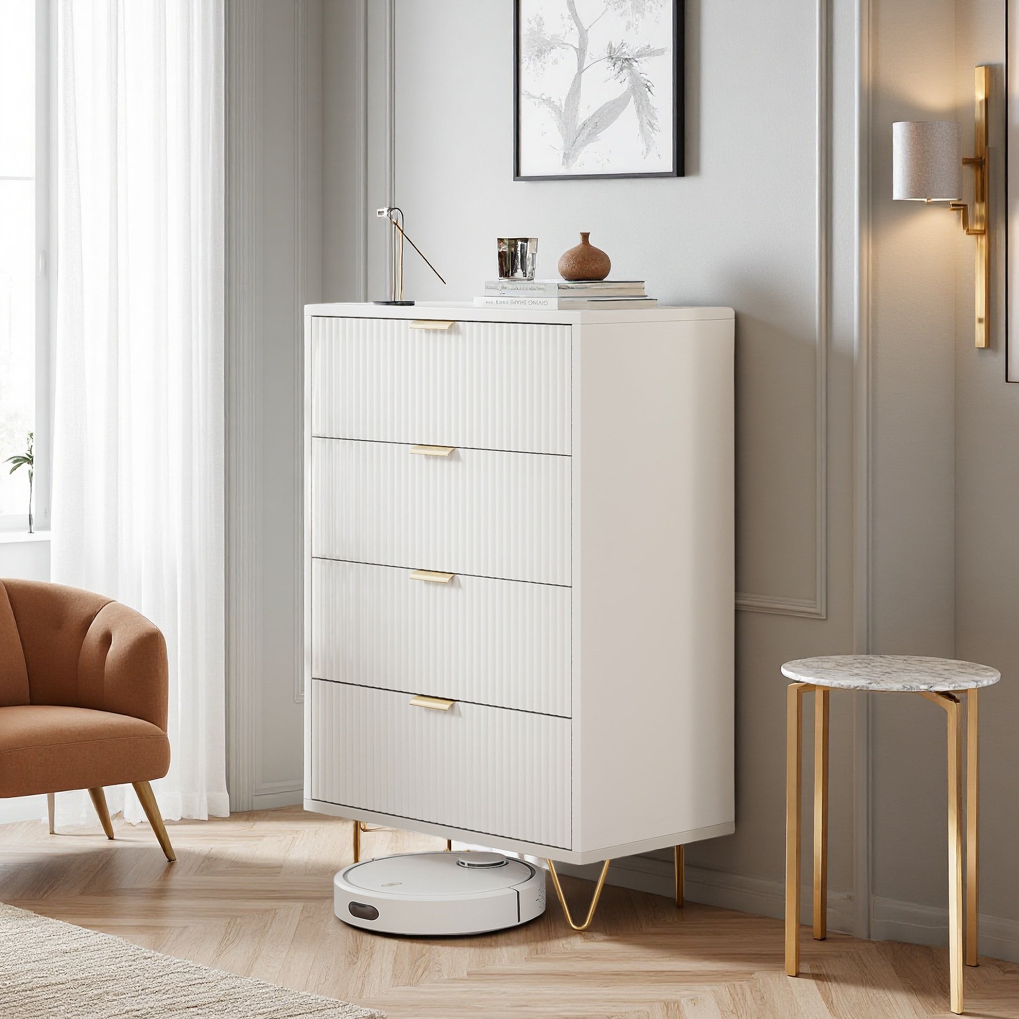 Commode 4 tiroirs blanche avec façade à motif ondulé, poignées dorées et pieds en métal, style moderne, grand espace de rangement - 2