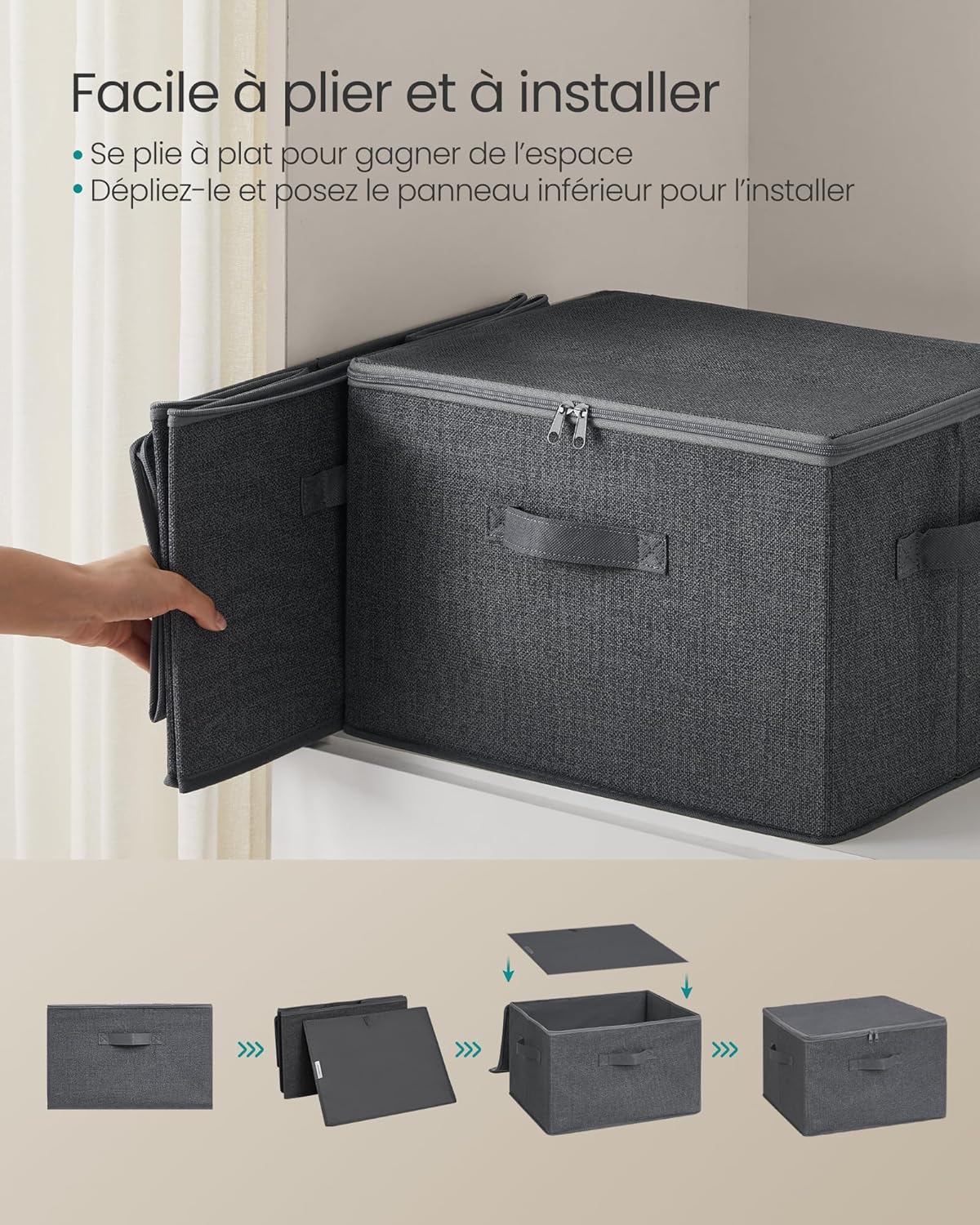Boîte de rangement pliable avec couvercle et poignée, en tissu non tissé,40 x 30 x 20 cm - 5