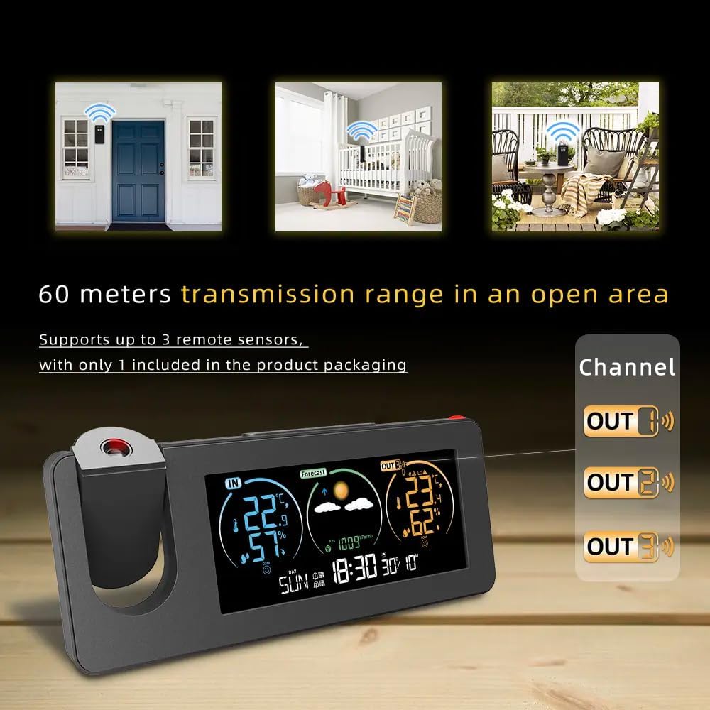 Réveil à Projection, Moniteur météo sans Fil, Station météo avec capteur extérieur, Température et humidité, prévisions météorologiques - 4