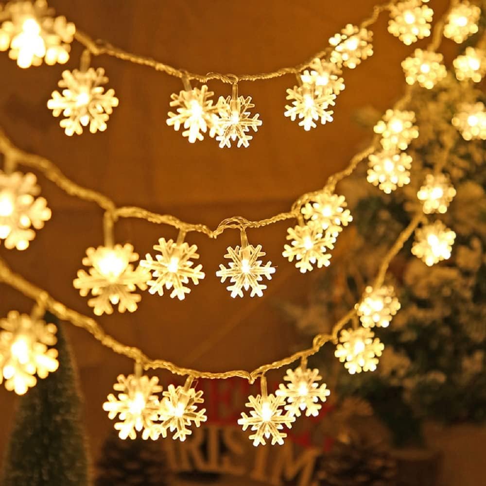Girlanda Śnieżynki 3m 20 LED – Zasilana Bateriami z Trybem Migającym – Wodoodporna do Dekoracji Świątecznych Wewnątrz/Na Zewnątrz – Ciepła Biel