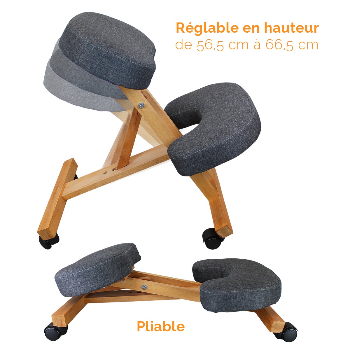 Tabouret, chaise ergonomique, siège assis genoux en bois pliable et réglable - Gris - 3