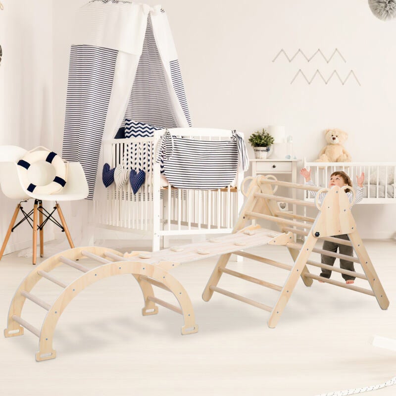 Ensemble d'Escalade,3 en 1 Triangle d'escalade Enfants avec Rampe Réversible,Naturel,pour Tout-Petits Bébé 2 An+ - 6