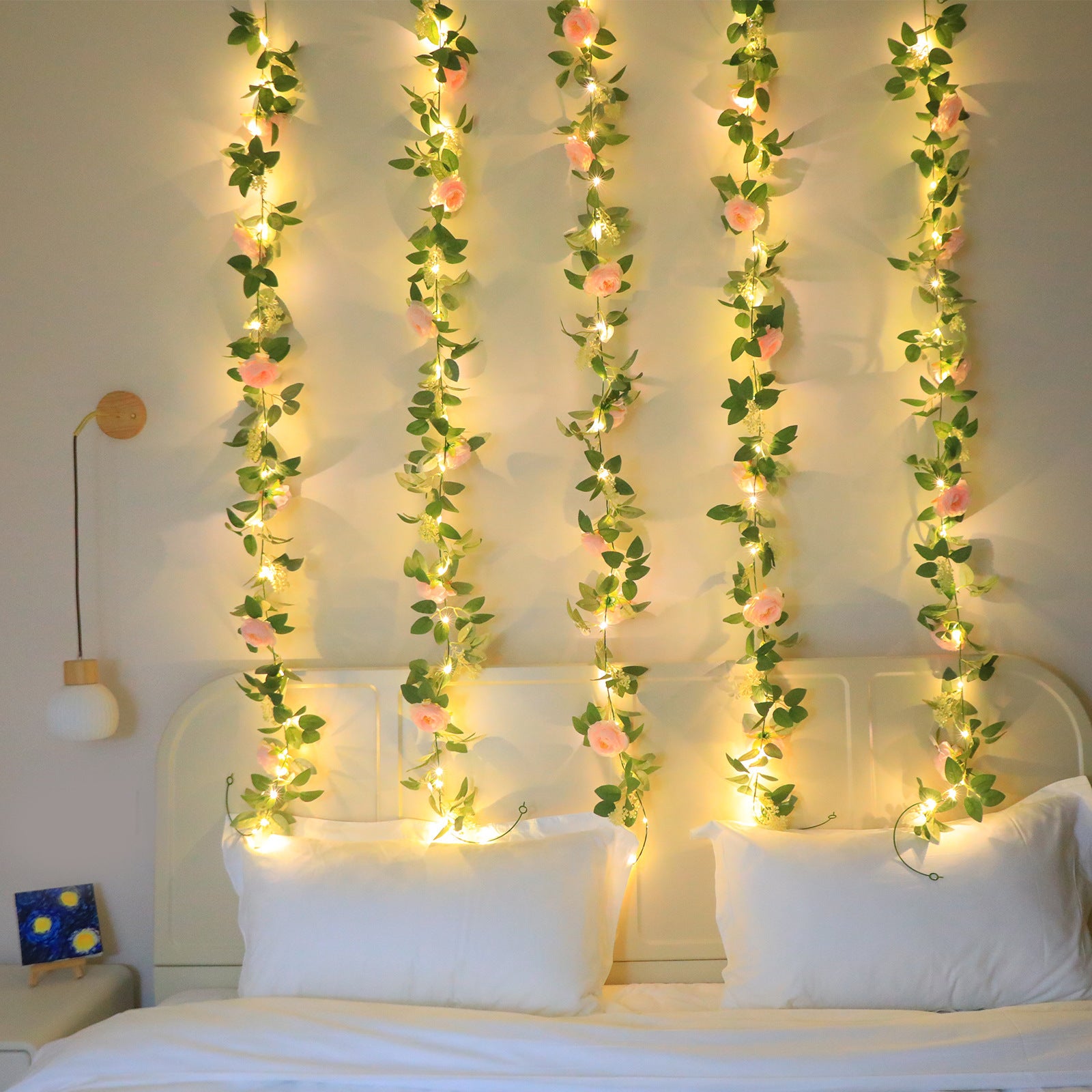2pcs branco quente LED luzes de corda de rattan decorativas luzes de corda de camélia falsa 2 metros 6 flores - 8