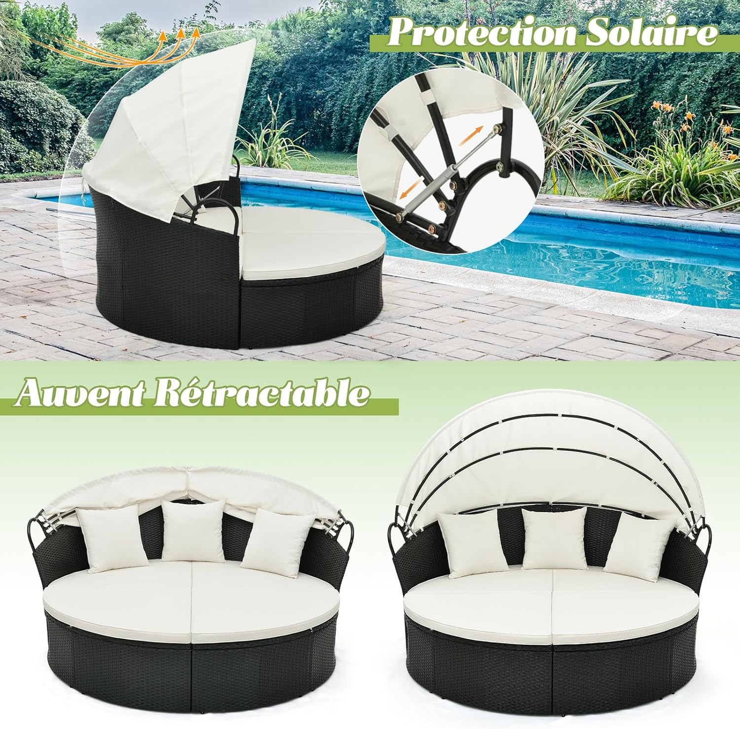 GIANTEX Lit de Jardin Rond en Rotin PE avec Auvent Rétractable, avec Coussins et Oreillers Amovibles Charge 360KG,pour Jardin Porche,Blanc - 5