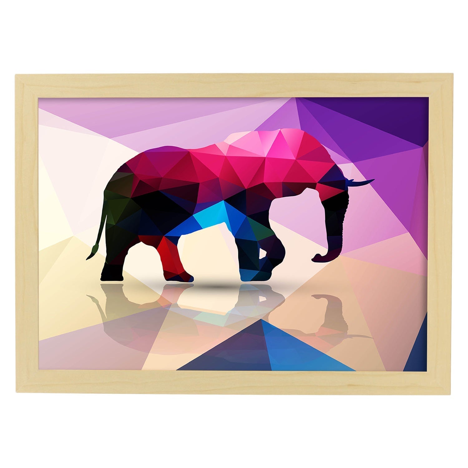 Poster de animales geometricos con fondos a color. lamina elefante, ilustrada con formas geometricas, y con un colorido fondo. marco negro - a3