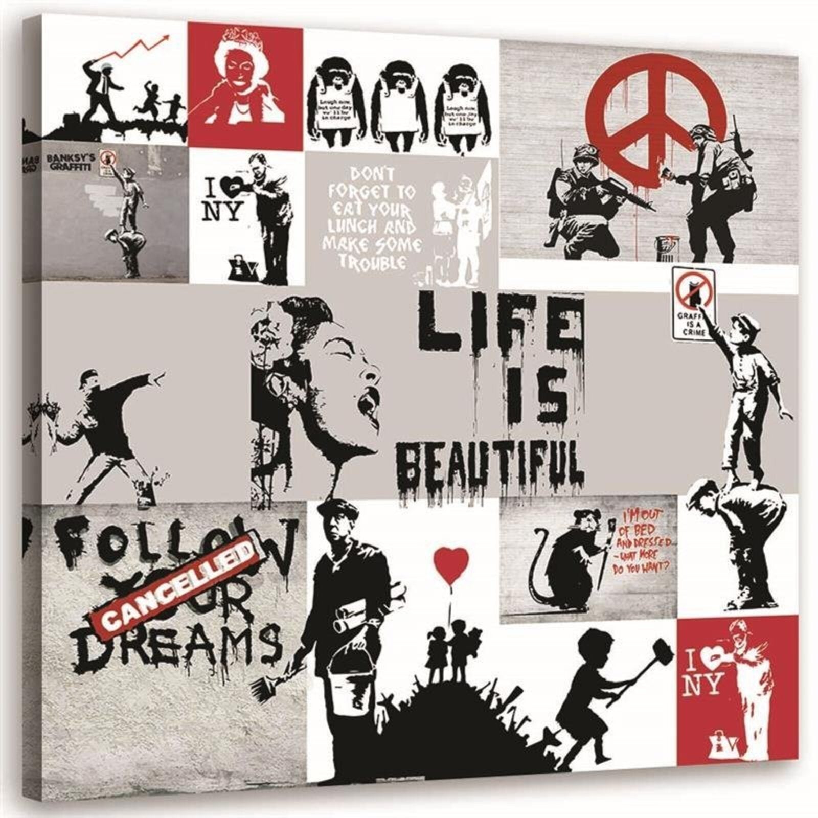 Obraz na płótnie, Mural Banksy - kolaż prac Street Art artysty 40x40