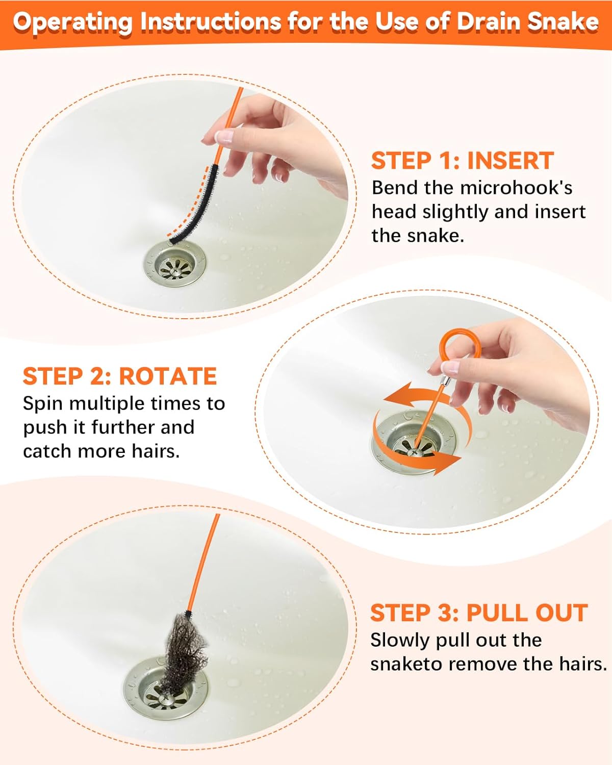 Set di 3 punte per la pulizia degli scarichi, 81 cm - Rivestimento in nylon antirottura, rimuove i capelli da doccia/vasca/lavandino - 8