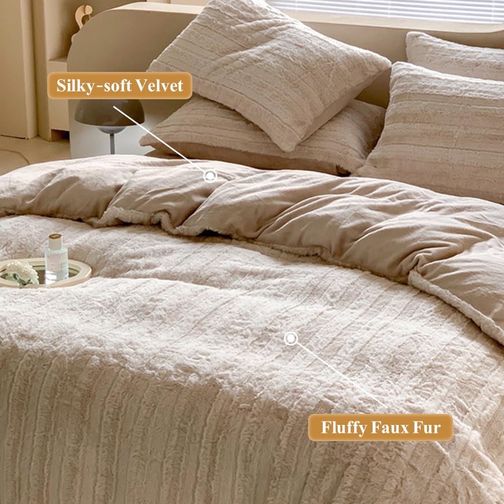 Housse de Couette Peluche 220x240 Beige + 2 Taies 65x65cm - 2