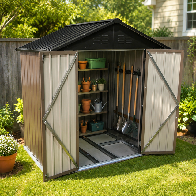 Abri de jardin en métal 1,95 m² - 184x127x192 cm - cabane de jardin à toit pointu avec double porte pour rangement extérieur - brun et noir