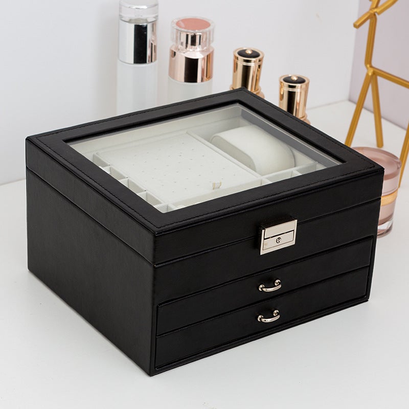 Portagioie Con Coperchio In Vetro - Espositore Per Gioielli In Velluto Nero, 35x24x4.5cm Per Orecchini E Anelli