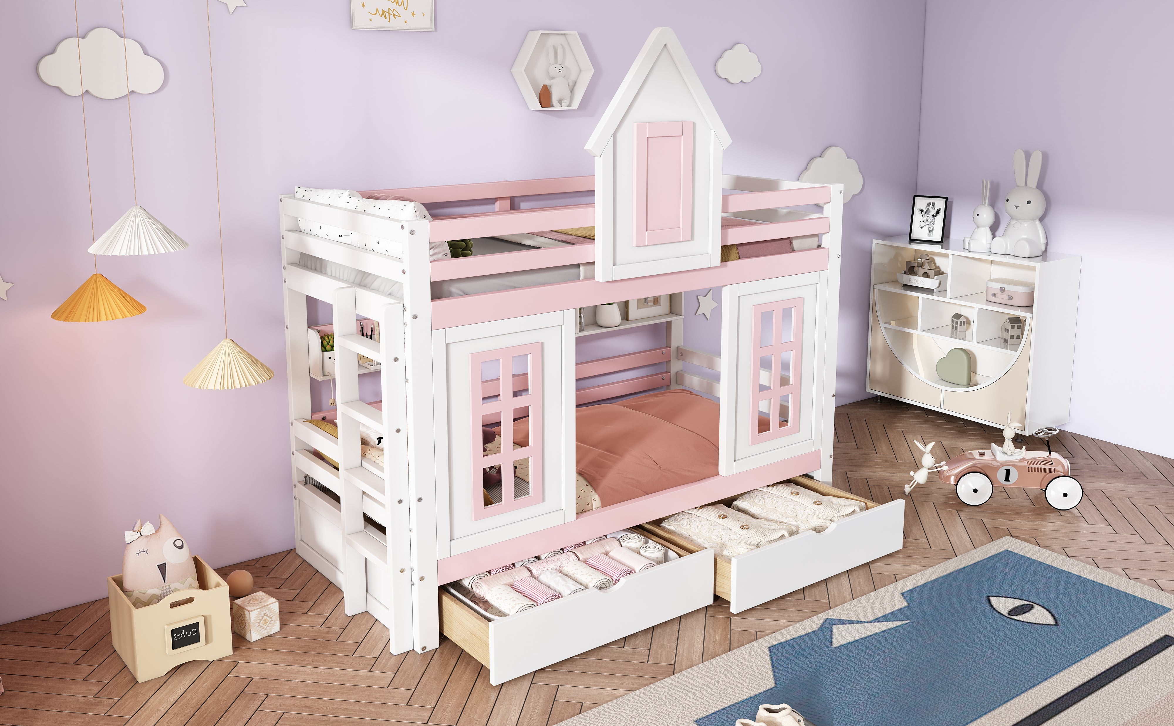 Letto a castello, letto per bambini con tetto e finestra, con sponda di sicurezza, due cassetti con rotelle, ripiano aperto, pino + MDF, bianco + rosa - 9