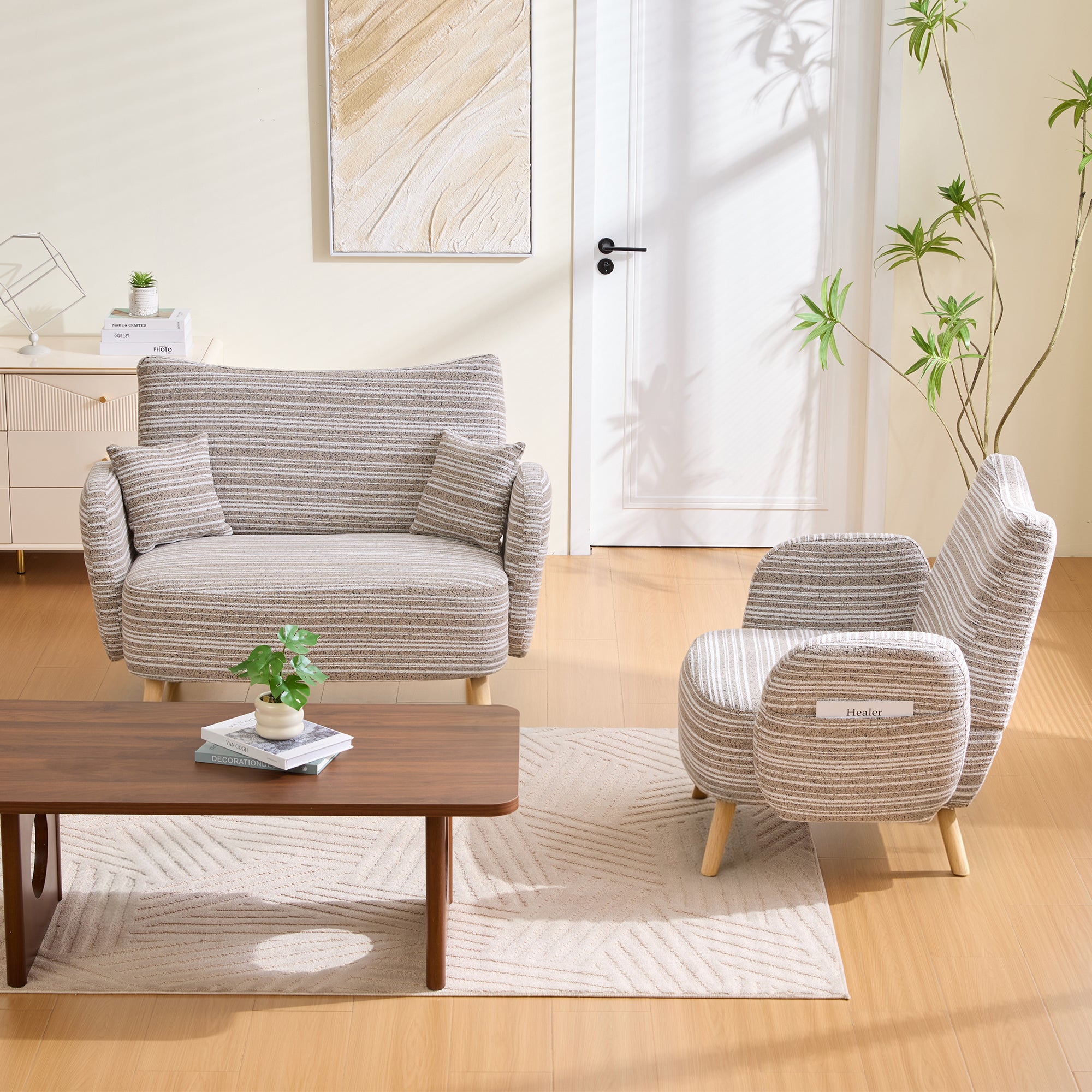 Canapé 2 places moderne avec poches de rangement, petit sofa profond avec accoudoirs rembourrés pour appartement et chambre, canapé droit chic, Beige - 3