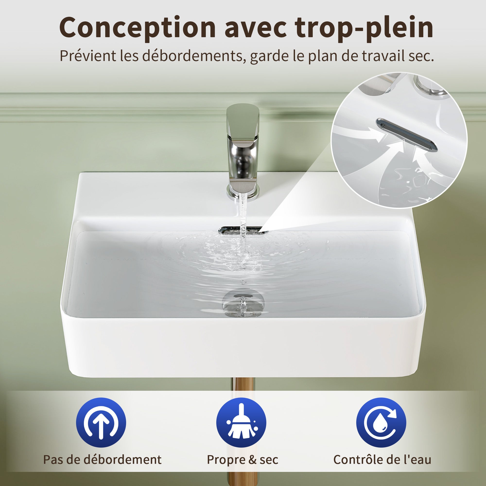 Vasque lave-main 46 cm céramique – Bord fin, coins arrondis – Bonde & trop-plein inclus – Vasque salle de bain à poser ou mural – Idéal lave main wc - 5