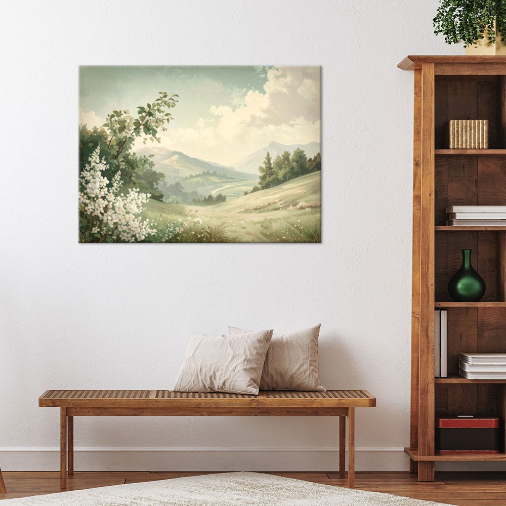Obraz na płótnie do salonu, Górski pejzaż malownicze góry w pastelowych zielonych odcieniach 90x60 - 2