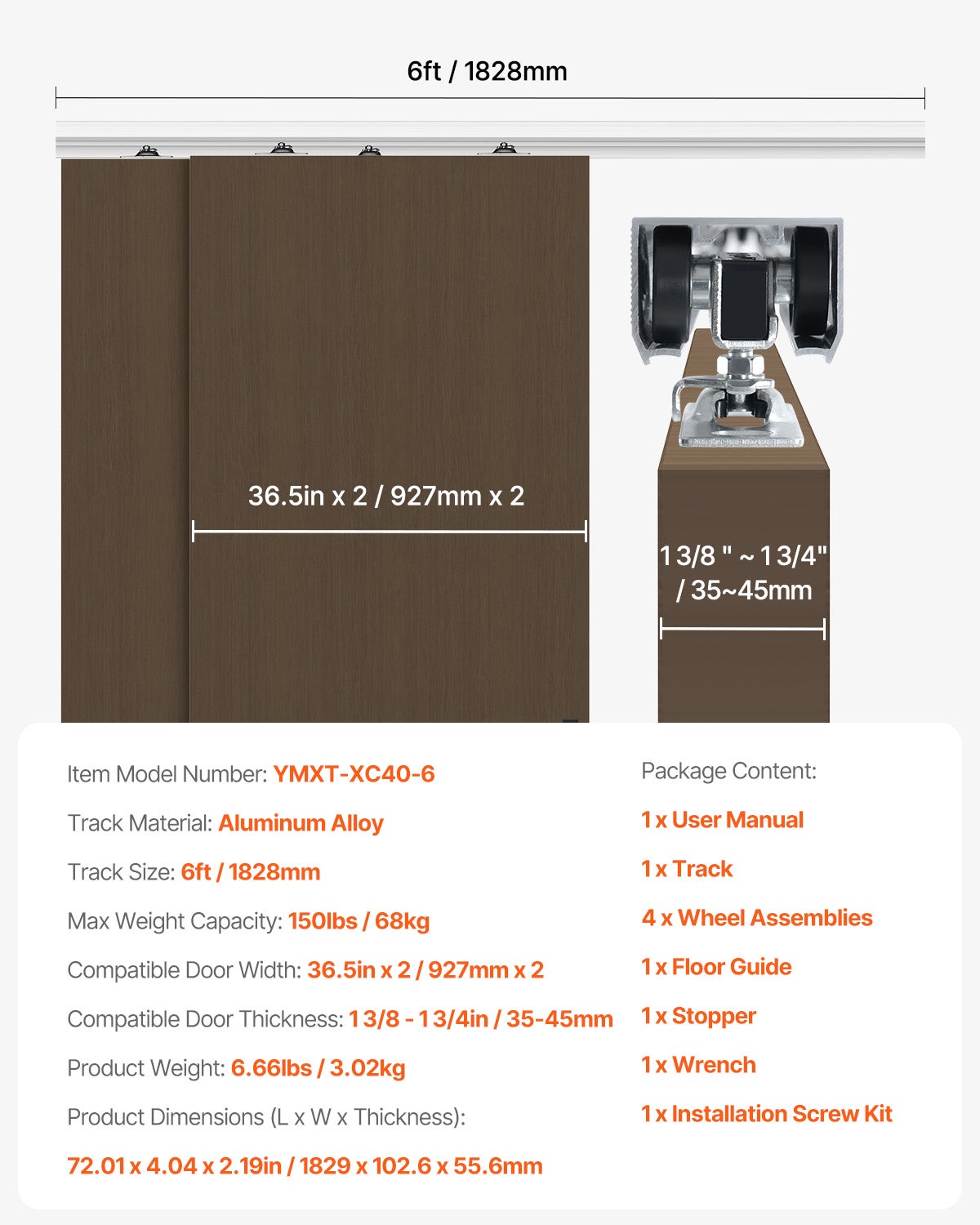 Zestaw prowadnic do drzwi przesuwnych, podwójne szyny, system drzwi przesuwnych 1828 mm VEVOR - 7