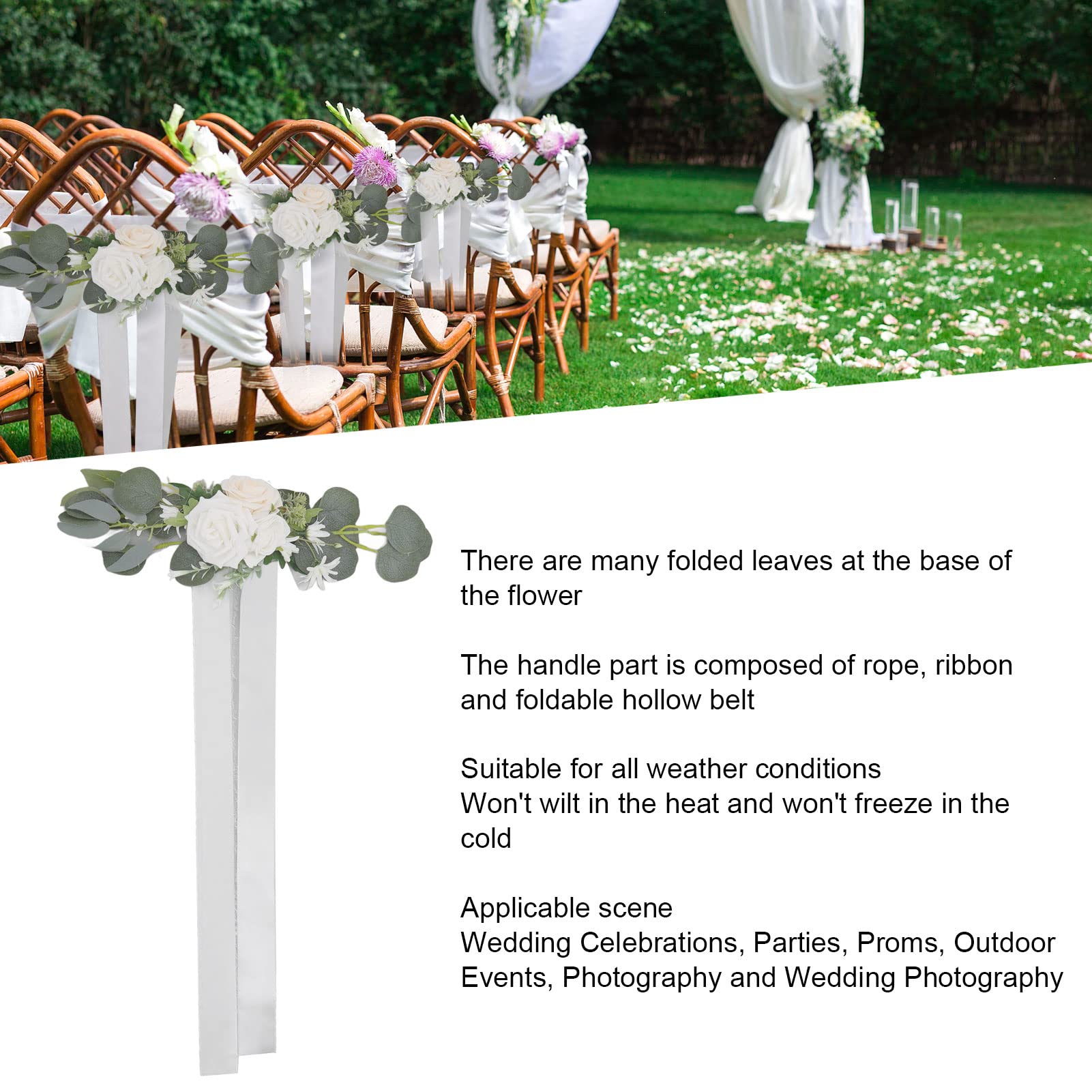 Silla de boda con flores blancas Decoración de respaldo de silla de boda Flores artificiales para fotografía - 3