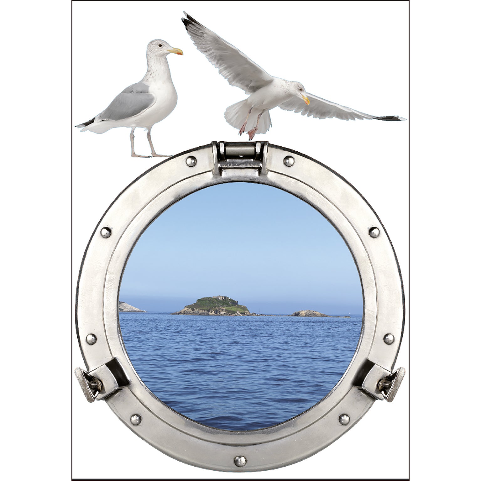 Ventana de pegatina decorativa en Trompe L'Oeil Effect 3d, foto de un ojo de buey con la nave en una isla en el medio del mar, 68 cm x 48 cm - 2