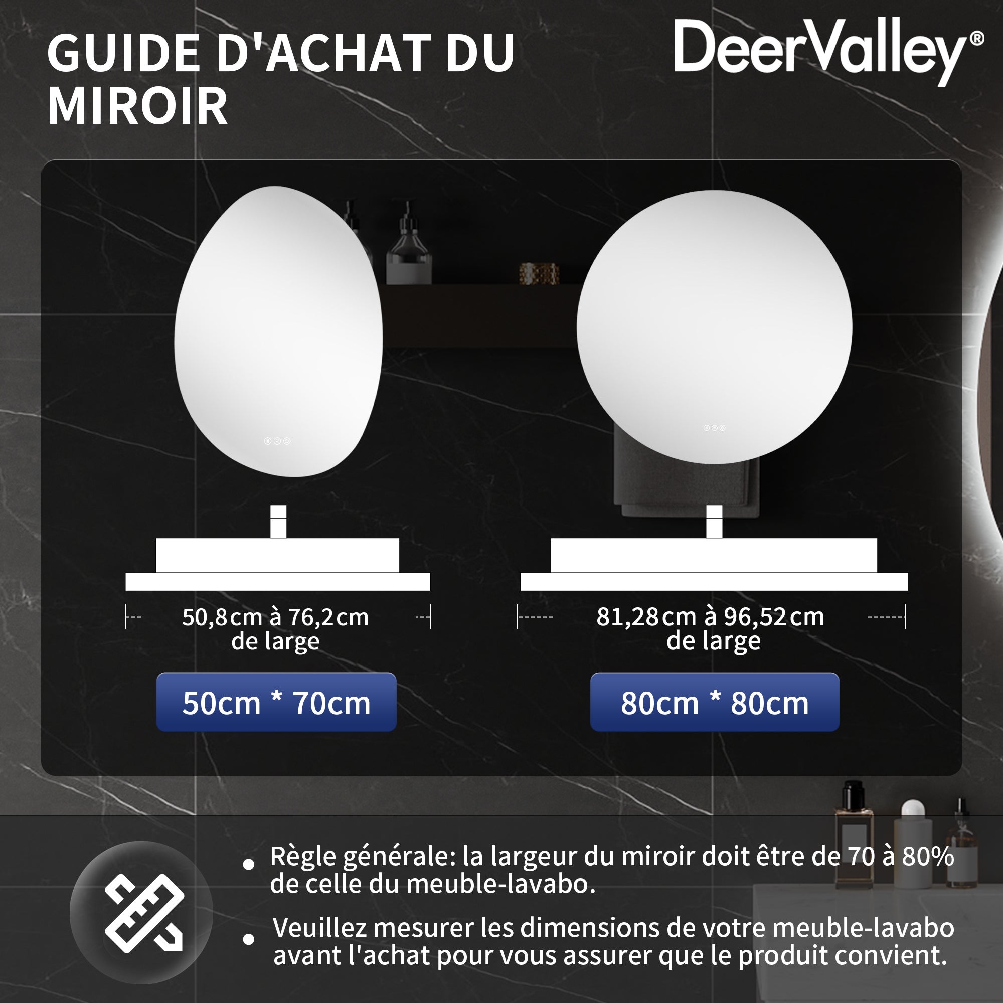 Miroir de Salle de Bain LED 50x70cm – Anti-buée, Bluetooth, 3 couleurs 3000K-6000K – Miroir lumineux salle de bain variateur & mémoire - 8
