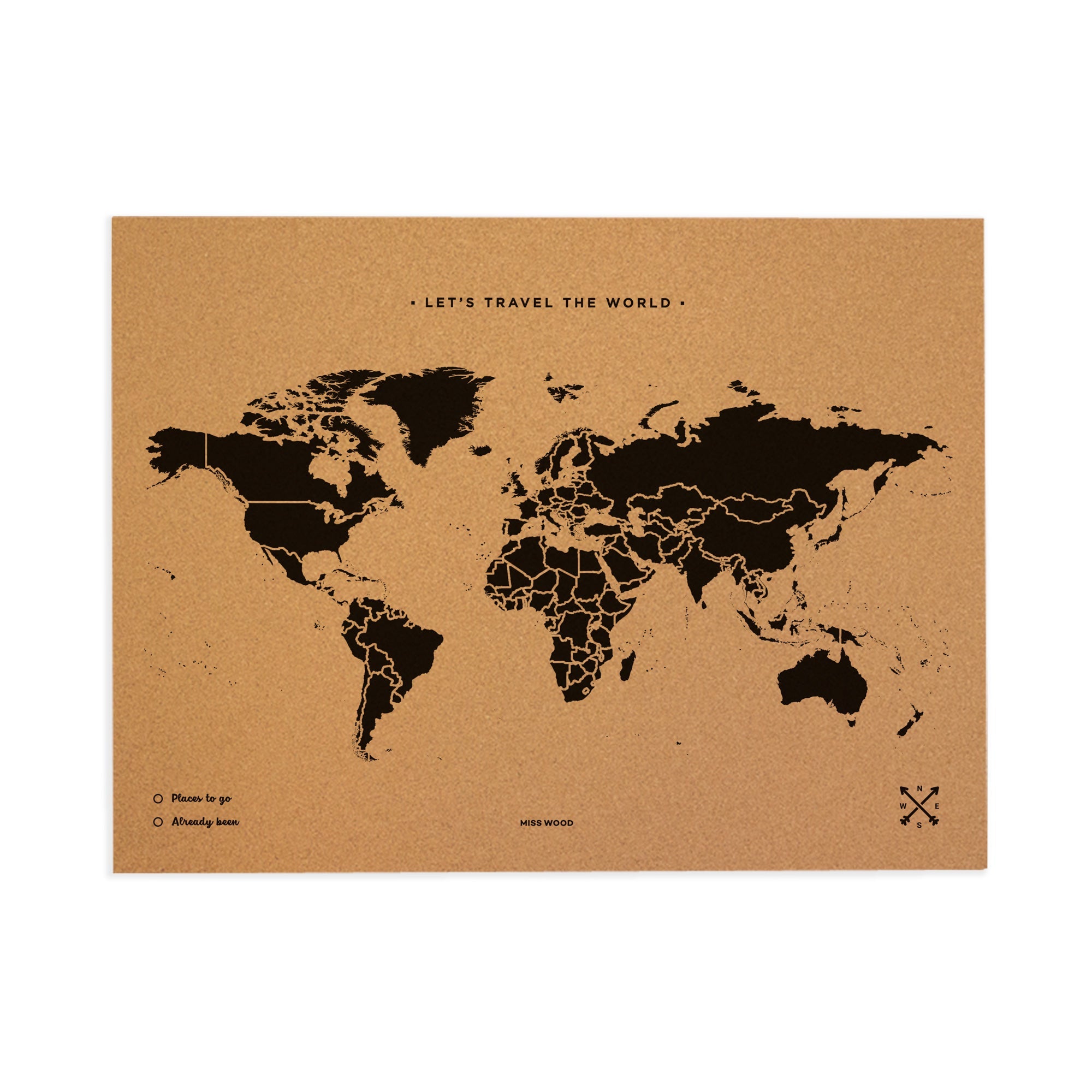 Mapamundi corcho - woody map natural world / 90 x 60 cm / negro / sin marco