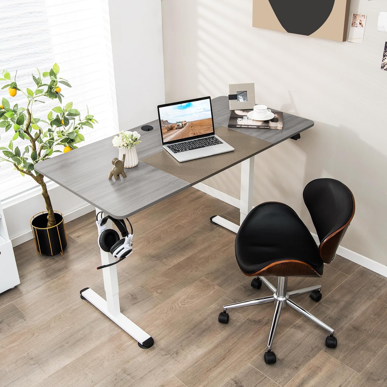 Bureau Assis Debout 70 x 140 cm, Bureau Électrique Réglable en Hauteur avec Mono-Moteur, Support de Câble, Crochet, Naturel Foncé - 7
