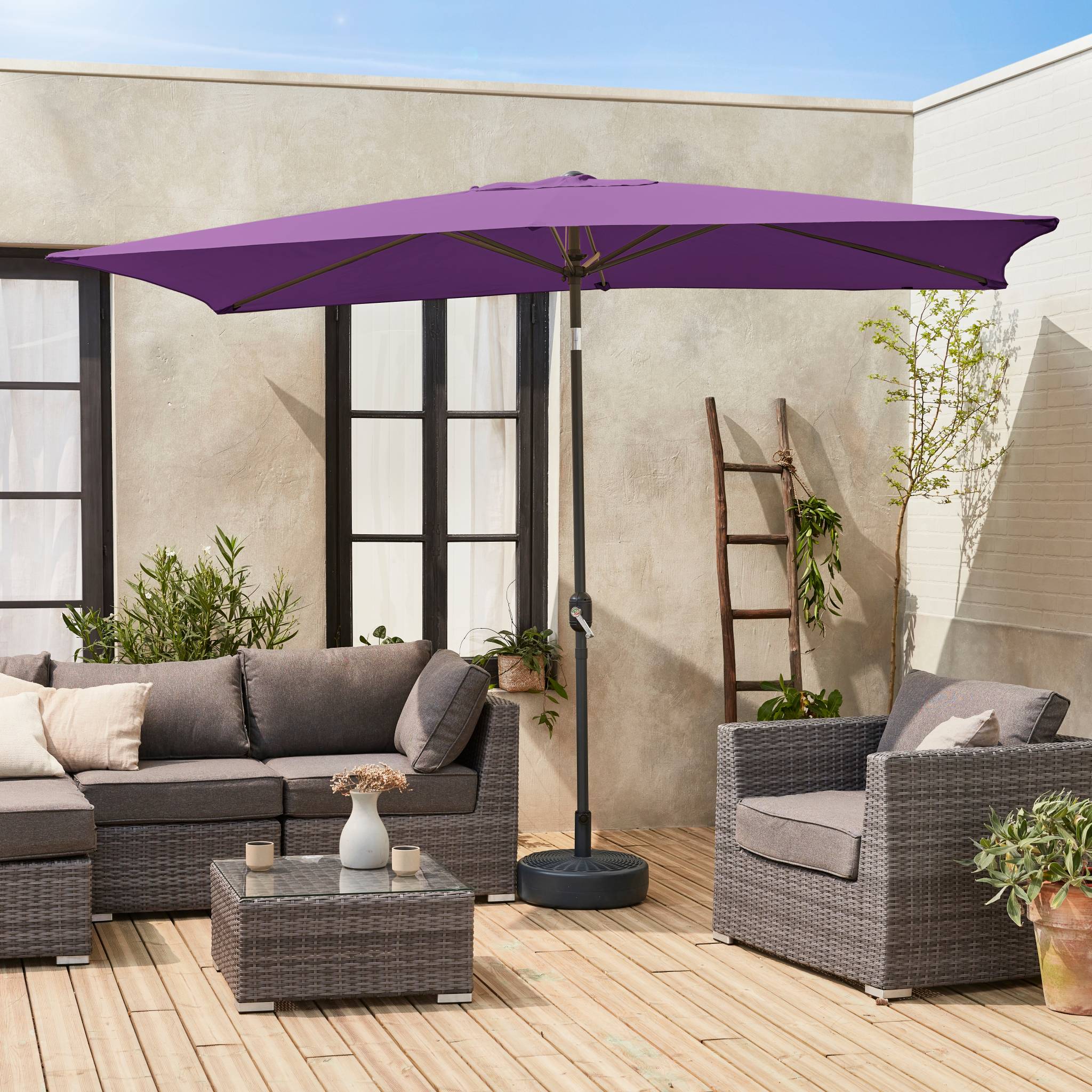 Parasol droit rectangulaire 2x3m - Touquet Prune - mât central en aluminium orientable et manivelle d'ouverture - 2