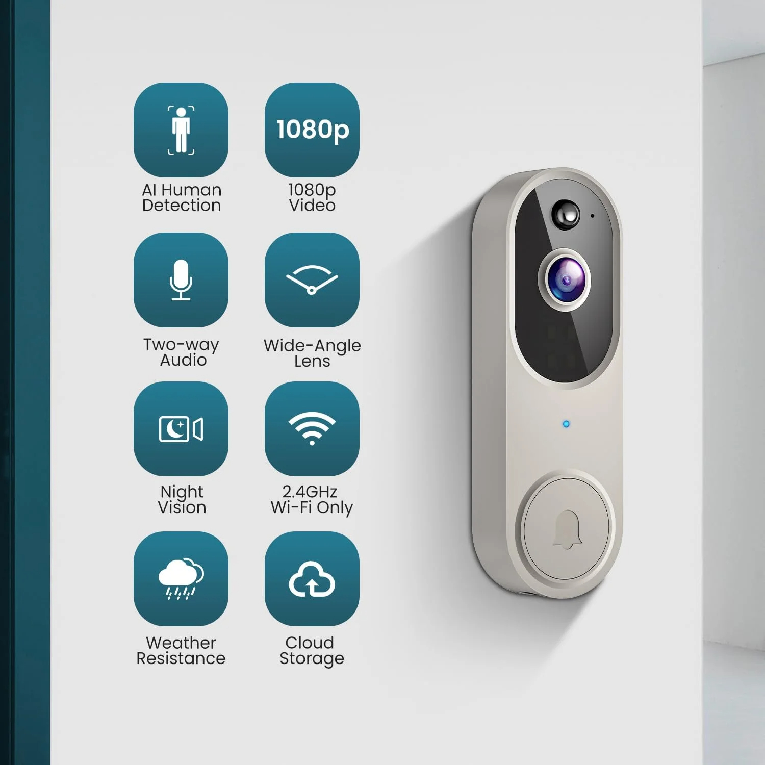 Sonnette vidéo sans fil Wi-Fi avec vision nocturne, alarme, communication bidirectionnelle, détection de mouvement par IA et stockage cloud (beige) - 2