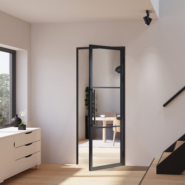 Bloc-porte fin de chantier vitré, acier noir verre transparent, H.211 x l.83 cm, SCHULTE, poussant gauche, porte intérieure loft 3 vitrages