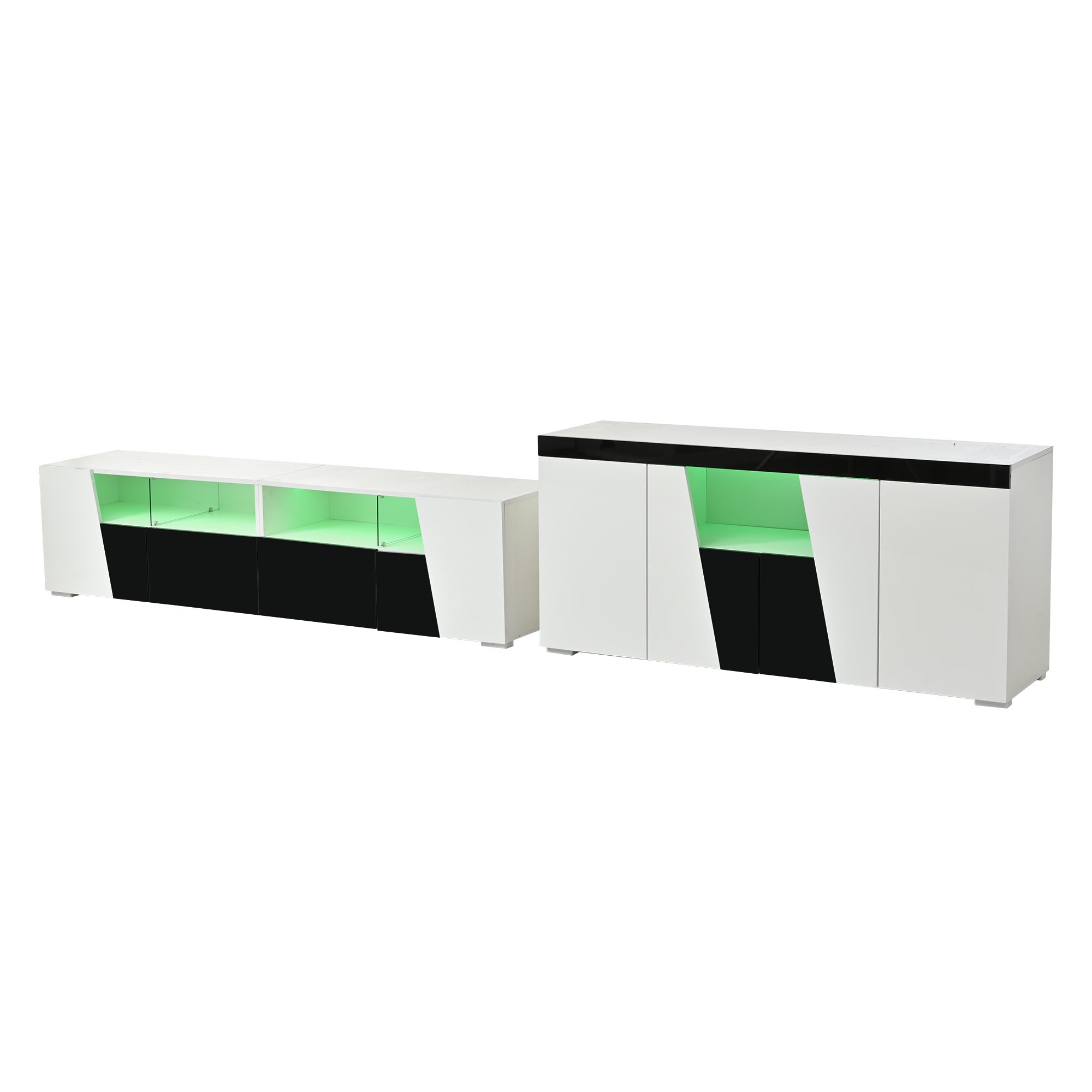 Szafka RTV z 2 drzwiami i 2 szufladami + niska komoda z 4 drzwiami - 180x38,5x45 cm + 140x40x65 cm - diody LED - Płyta wiórowa - Kolor biały + czarny - 8