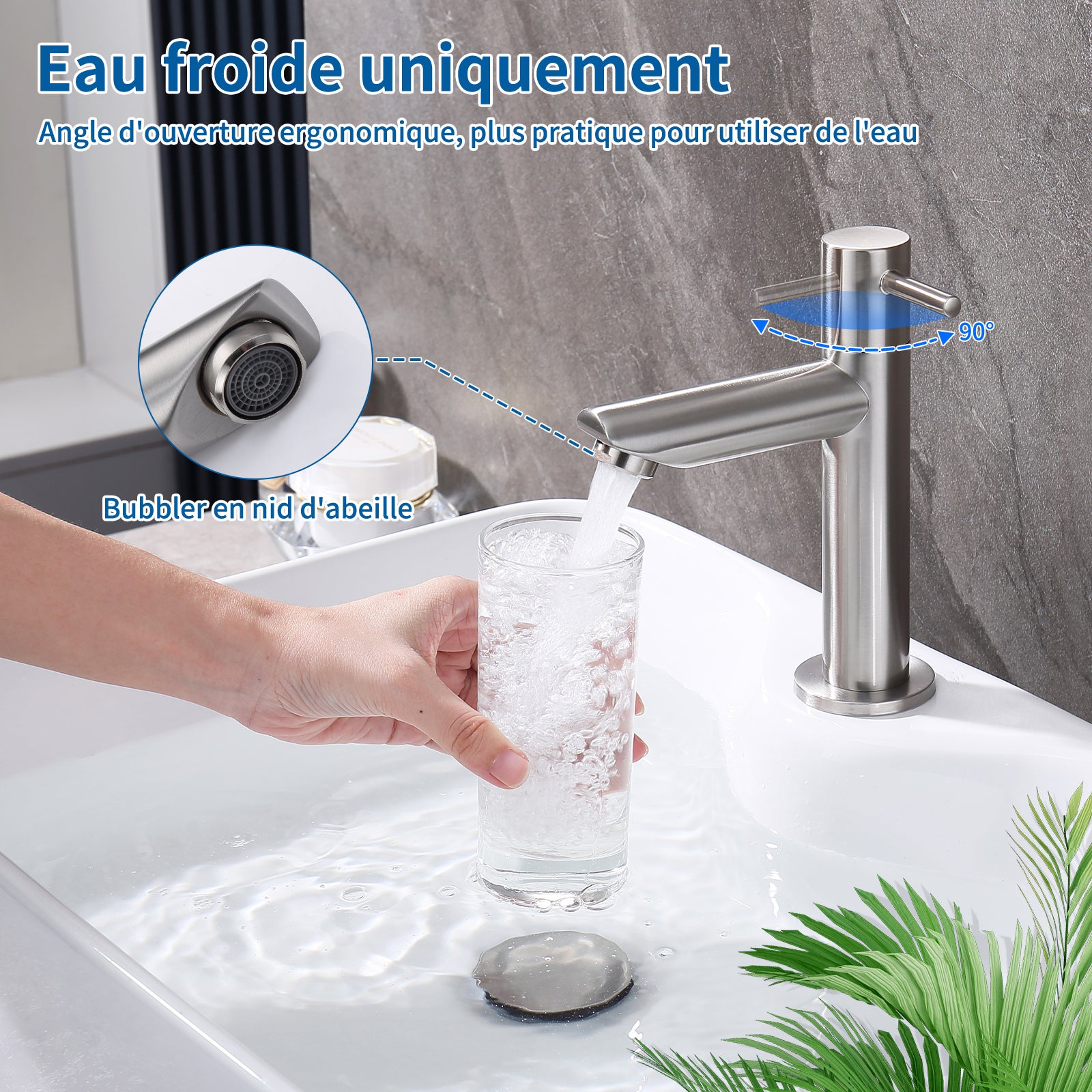 Tondiy Robinet Lavabo Eau Froide - Mitigeur Lave-Mains Brossé Avec Mousseur Démontable Pour WC Et Salle De Bain