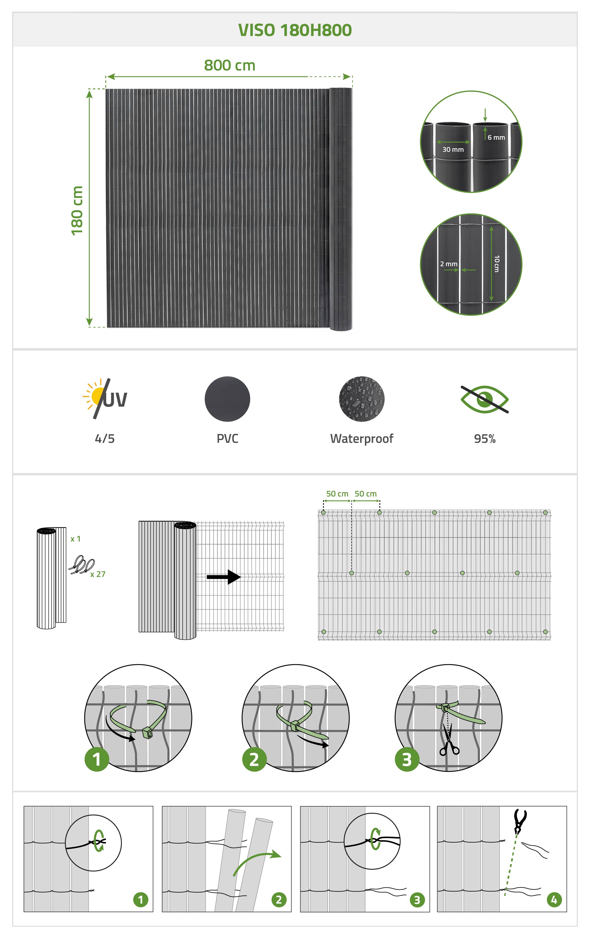Siatka trzcinowa PCV VISO, 8m długości x 1,8m wysokości, antracytowo-szary