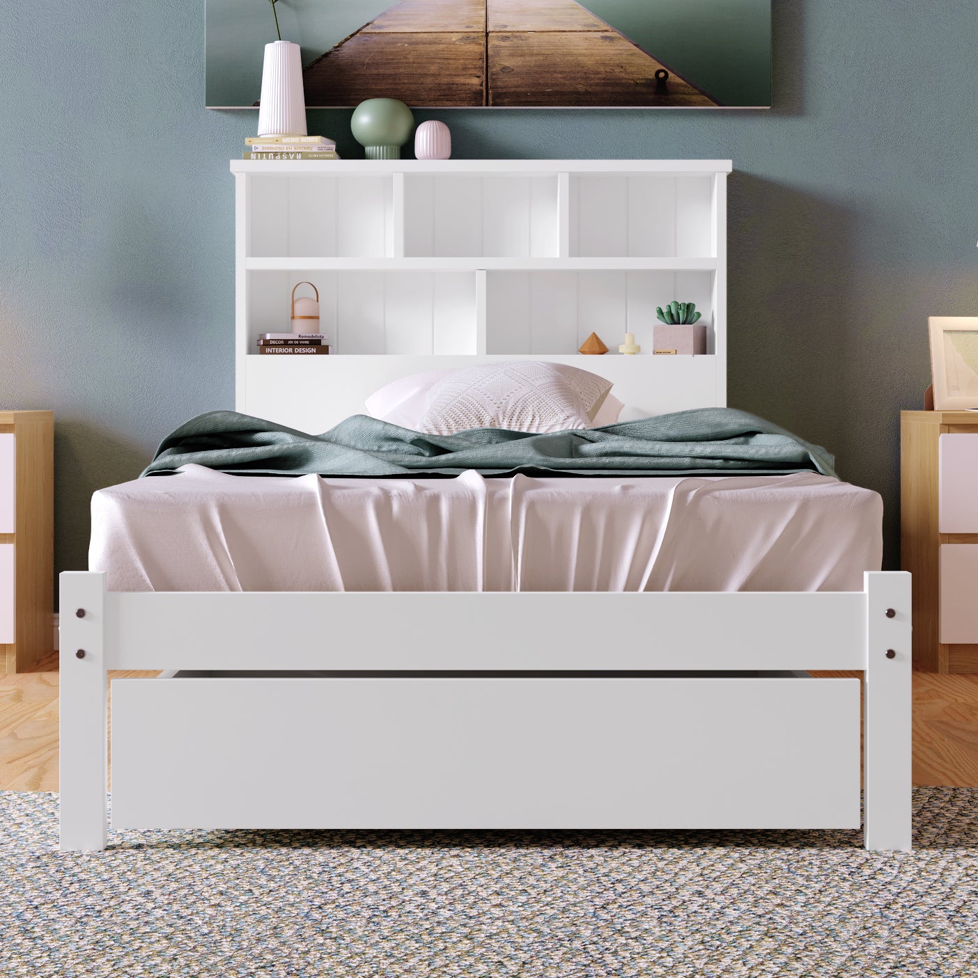 Łóżko dla dorosłych z zagłówkiem ze schowkiem + szufladą + stelażem - 90x200cm - lite drewno - białe - 2
