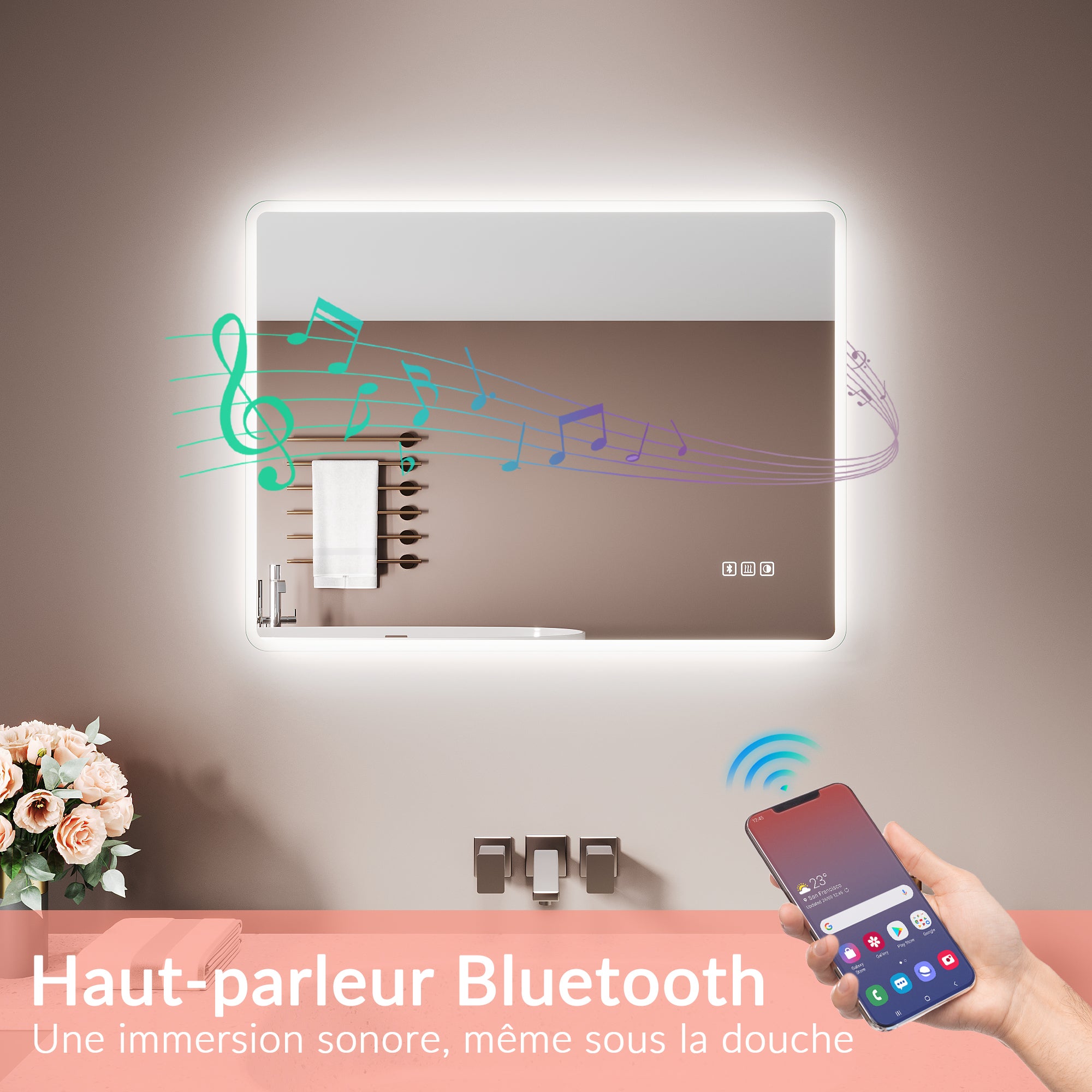 SIRHONA Miroir de Salle de Bain 120x70cm, Bluetooth,&nbsp;Anti-Buée Centrale, Lumière Bleue/Violette/Blanche, Prise Intégrée, Verre 5mm, Cadre Aluminium - 6
