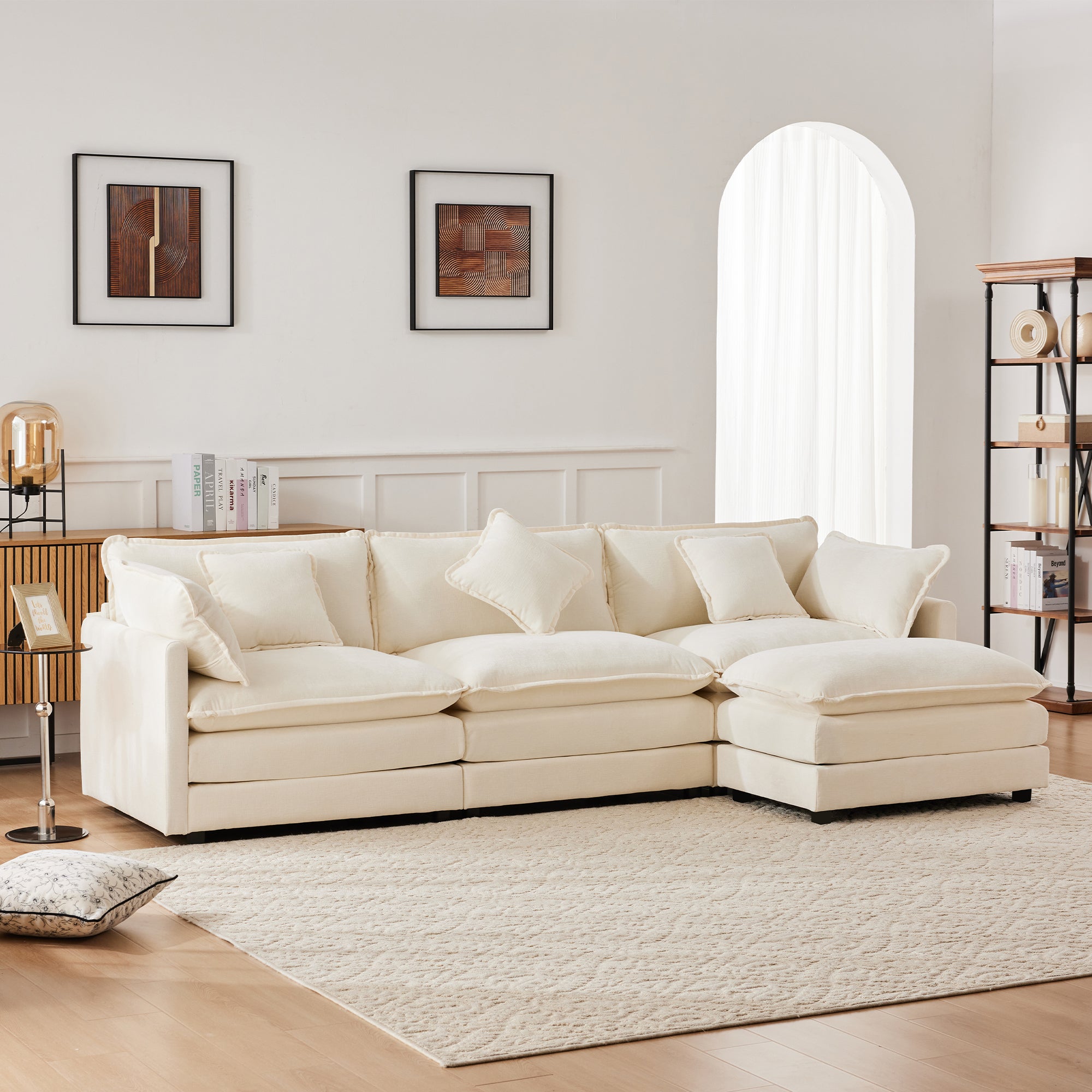 Canapé d'angle 3 places avec repose-pieds - 283 x 147 x 84 - Tissu chenille - Beige - 4