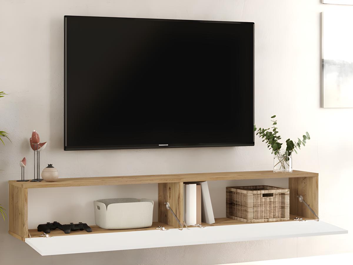 Meuble TV 2 portes battantes Wafo 180cm Bois Naturel et Blanc - 9